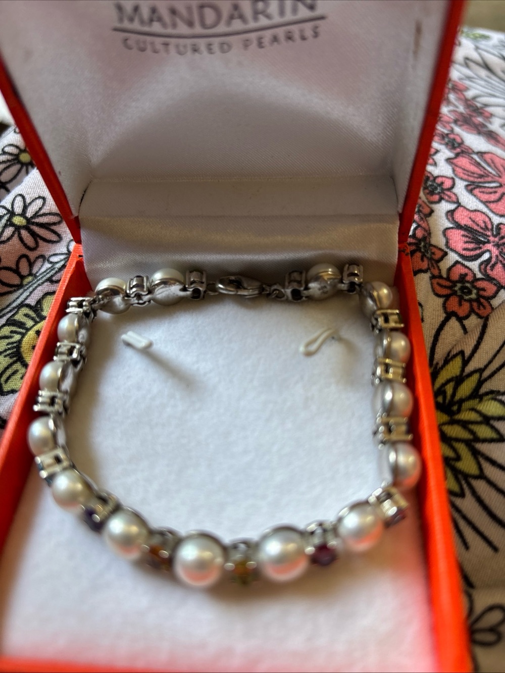 Silver Pearl Bracelet with Accent Stones - White Pearls